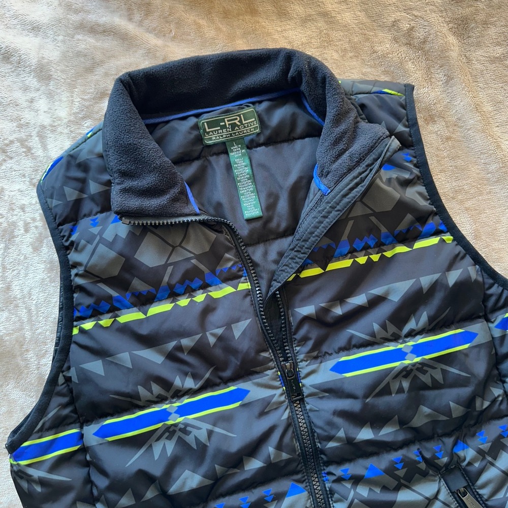 Lauren Ralph Lauren Active Puffer Vest Women Large Black Blue Geometric Excellen